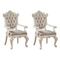 Benjara Wooden Arm Chair With Floral Patterned Padded Seat, Set Of 2, White And Gold