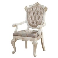 Benjara Wooden Arm Chair With Floral Patterned Padded Seat, Set Of 2, White And Gold