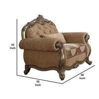 Benjara Scrolled Crown Top Fabric Chair With Cabriole Legs, Beige And Brass