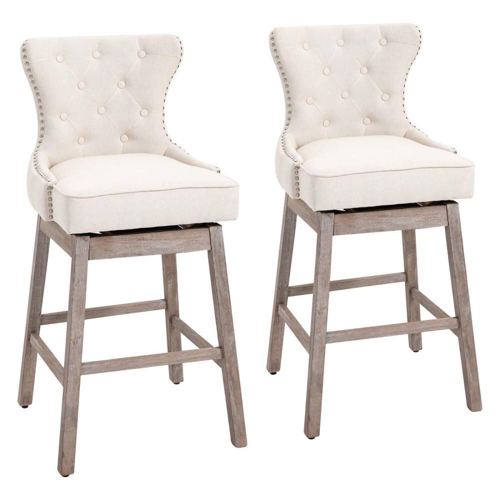 Homcom Upholstered Fabric Bar Height Bar Stools Set Of 2, 180A Swivel Nailhead-Trim Pub Chairs, 30 Seat Height With Rubber Wood Legs, Cream
