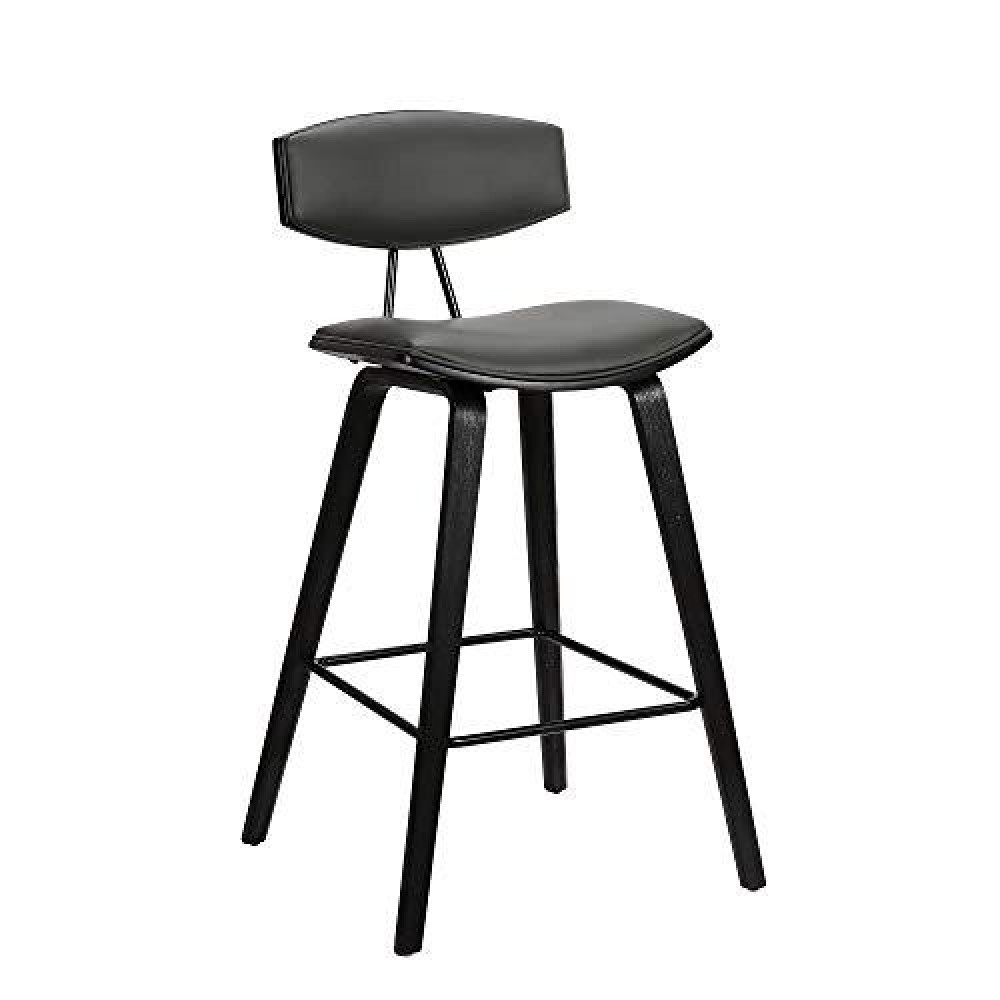Benjara Height Wooden Bar Stool With Curved Leatherette Seat, Black And Gray