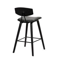 Benjara Height Wooden Bar Stool With Curved Leatherette Seat, Black And Gray