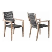 Benjara Wooden Outdoor Dining Chair With Fishbone Weave, Set Of 2, Black