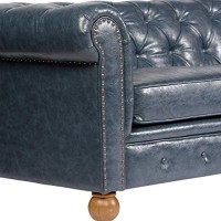 Benjara Chesterfield Design Leatherette Sofa With Rolled Arms And Padded Seat, Blue