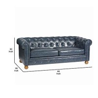 Benjara Chesterfield Design Leatherette Sofa With Rolled Arms And Padded Seat, Blue