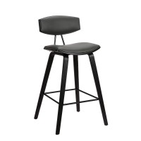 Benjara Counter Height Wooden Bar Stool With Curved Leatherette Seat, Black And Gray