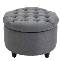 Homcom Round Linen-Touch Fabric Storage Stool Ottoman Button Tufted Footrest With Removable Lid For Living Room Entryway Or Bedroom Grey