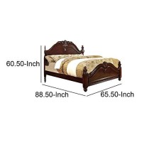 Benjara Baroque Style Wooden Queen Size Bed With Scalloped Top, Brown