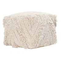 Benjara Fabric Pouf Ottoman With Woven Design And Fringe Details, Cream