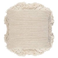 Benjara Fabric Pouf Ottoman With Woven Design And Fringe Details, Cream