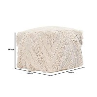 Benjara Fabric Pouf Ottoman With Woven Design And Fringe Details, Cream