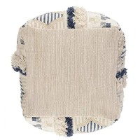 Benjara Fabric Pouf Ottoman With Woven Design And Fringe Details, Cream And Blue