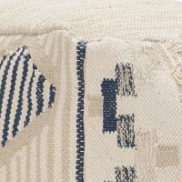 Benjara Fabric Pouf Ottoman With Woven Design And Fringe Details, Cream And Blue