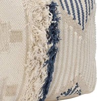 Benjara Fabric Pouf Ottoman With Woven Design And Fringe Details, Cream And Blue