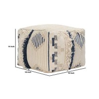 Benjara Fabric Pouf Ottoman With Woven Design And Fringe Details, Cream And Blue