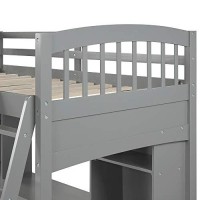 Twin Loft Bed With Desk For Kids, Wood Bunk Beds With Desk, No Box Spring Needed (Grey Loft Bed With Desk)