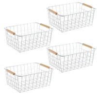 Aeggplant Kitchen Wire Baskets Farmhouse Decor Metal Food Storage Organizer,Household Refrigerator Bin With Built-In Handles For Cabinets, Pantry,Bathroom 4 Packs (White)