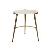 Benjara Round Marble Top Accent Table With Angled Metal Legs, White, Gold