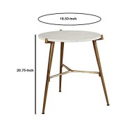 Benjara Round Marble Top Accent Table With Angled Metal Legs, White, Gold