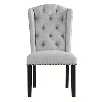 Benjara Button Tufted Fabric Upholstered Side Chair With Wooden Legs,Set Of 2, Gray