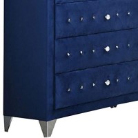 Benjara Velvet Upholstered 5 Drawer Wooden Chest With Faux Crustal Knobs, Blue
