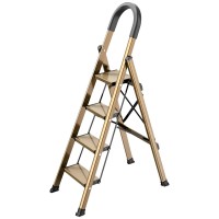 Lightweight Aluminum 4 Step Ladder Folding Step Stool Stepladders With Anti-Slip And Wide Pedal For Home And Kitchen Use Space Saving (Brown Gold)?