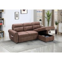 Lilola Home Reversible Sleeper Sectional Sofa Chaise With Usb Chargers And Pocket, Brown