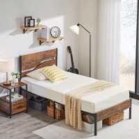 Vecelo Platform Bed Frame Twin Size With Rustic Vintage Wood Headboard, Mattress Foundation, Strong Metal Slats Support, No Box Spring Needed, Black & Wood Grain