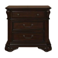 Benjara 3 Drawer Wooden Nightstand With Molded Details And Metal Pulls, Brown
