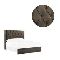 Benjara Wooden Queen Bed With Button Tufted Upholstered Headboard, Gray And Brown
