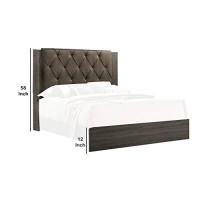 Benjara Wooden Queen Bed With Button Tufted Upholstered Headboard, Gray And Brown