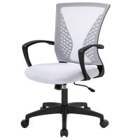 Home Office Chair Mid Back Pc Swivel Lumbar Support Adjustable Desk Task Computer Ergonomic Comfortable Mesh Chair With Armrest (White)