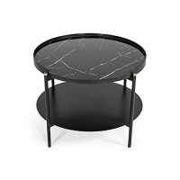 Benjara Round Metal Coffee Table With Marble Painted Tray Top, Black