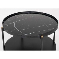 Benjara Round Metal Coffee Table With Marble Painted Tray Top, Black