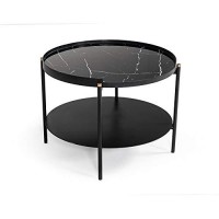 Benjara Round Metal Coffee Table With Marble Painted Tray Top, Black