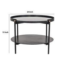 Benjara Round Metal Coffee Table With Marble Painted Tray Top, Black