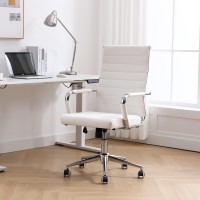 Okeysen White Office Desk Chair, Ergonomic Leather Modern Conference Room Chairs, Executive Ribbed Height Adjustable Swivel Rolling Chair For Home Office.