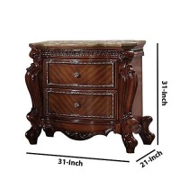 Benjara 2 Drawer Wooden Nightstand With Metal Knobs And Carved Details, Brown