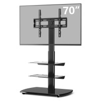 5Rcom Universal Tv Floor Stand With 2 Media Shelves For 27 32 37 42 47 50 55 65 70 Inch Flat Or Curved Screens Tvs Nice Tempered Glass Base With Swivel Mount For Bedroom And Office, Tv Stand, Black