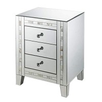 Benjara 3 Drawer Beveled Mirrored Nightstand With Pearl Inlay, Silver