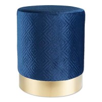 Modern Navy Blue Velvet Covered Footrest Ottoman Stool With Gold Accent