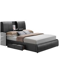 Benjara Faux Leather Eastern King Bed With Storage Headboard And Drop Tray, Black