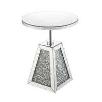 Benjara Round Mirrored Accent Table With Pedestal Base And Glass Top, Silver