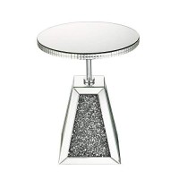 Benjara Round Mirrored Accent Table With Pedestal Base And Glass Top, Silver