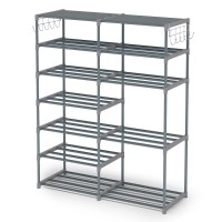 Tribesigns Shoe Rack Shoe Shelf Shoe Storage Organizer With Side Hooks For Entryway, 24-30 Pairs Metal Shoe Rack Taller Shoes Boots Organizer