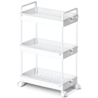 Ronlap 3 Tier Classic Slim Storage Cart With Wheels Slide Out Plastic Rolling Utility Cart Organizer For Bathroom Laundry Room Kitchen Office Narrow Place, White