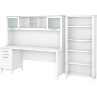 Bush Furniture Somerset 72W Office Desk With Hutch And 5 Shelf Bookcase In White