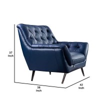 Benjara Contemporary Button Tufted Leather Chair With Metal Legs, Blue