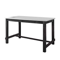 Benjara Rectangular Marble Top Counter Height Wooden Table With Trestle Base, Gray