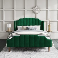Sha Cerlin Wood Queen Size Bed Frame With Modern Curved Velvet Wingback Headboardheavy Duty Platform Bed With Strong Wood Slat Supportgreen